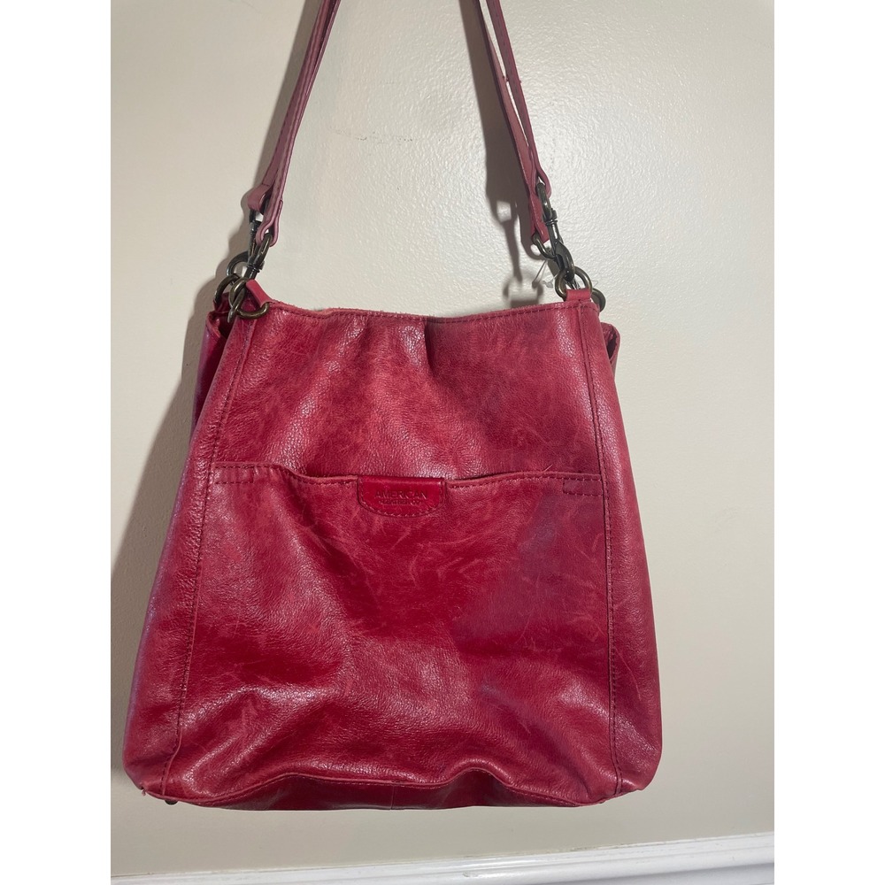 American Leather Co Red Leather Hobo Shoulder Bag Antique Brass Hardware